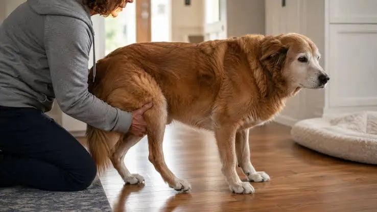 Older dog struggling to get up, rising front end first, a common sign of joint pain in dogs