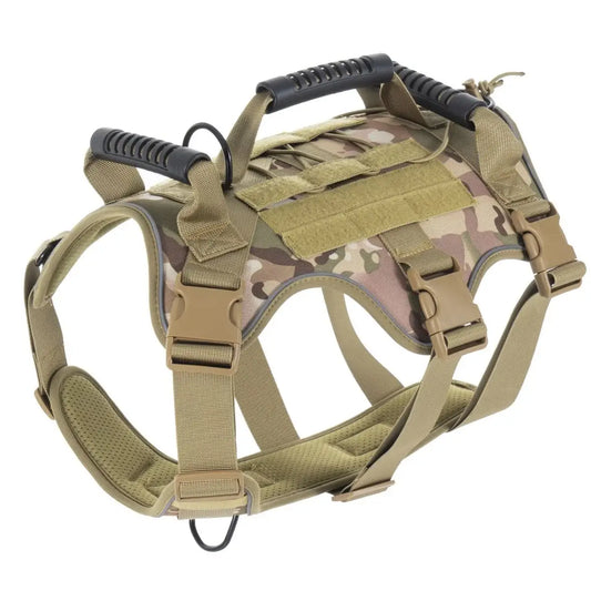 Military-style dog harness on a plain background