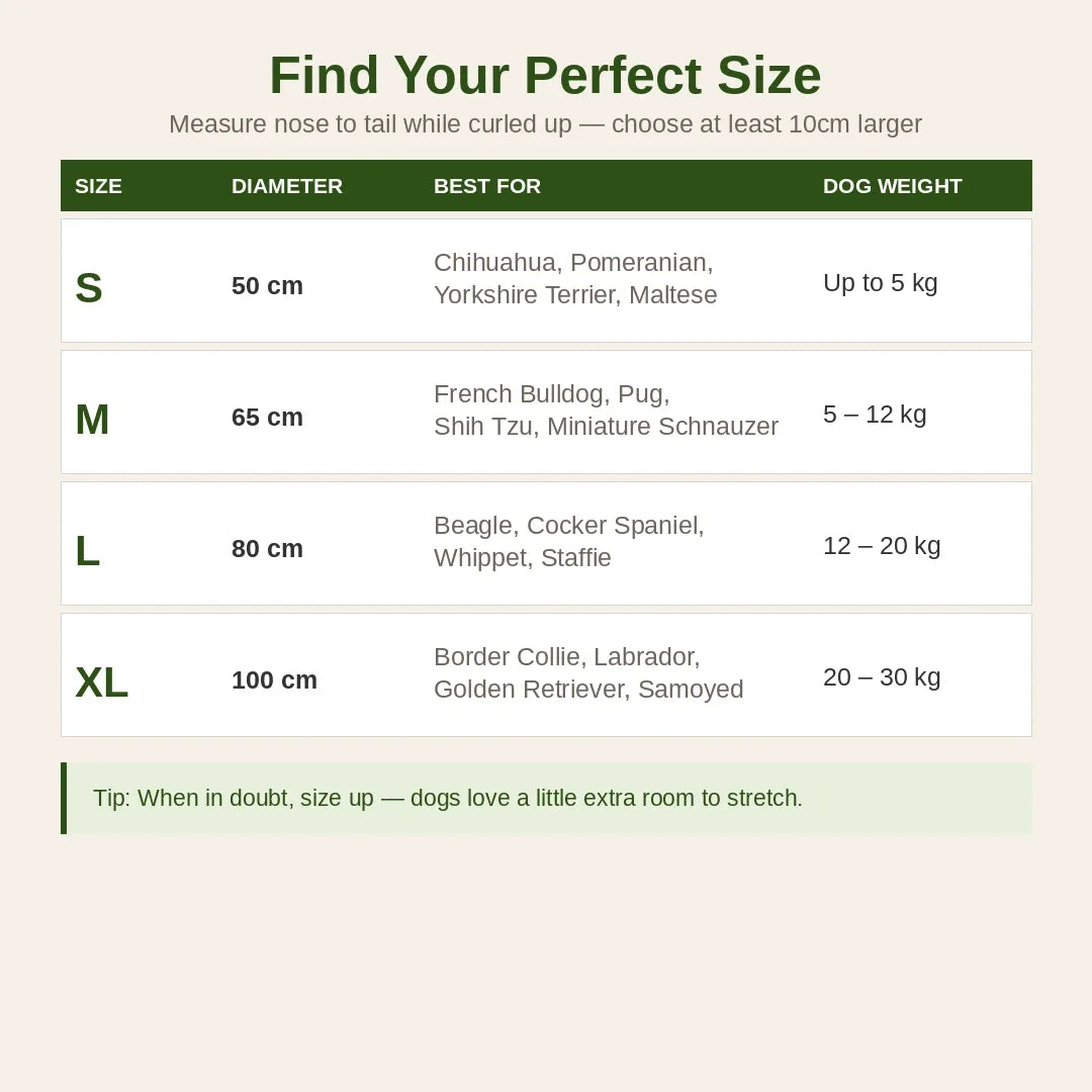 CalmNest calming dog bed size chart by breed