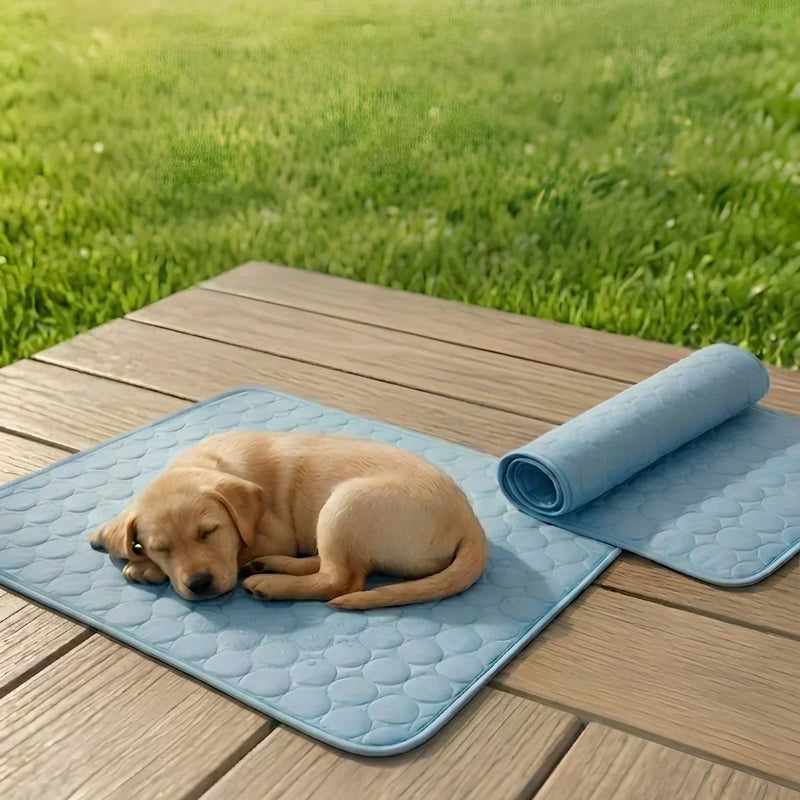 puppy laying on cooling mat outside