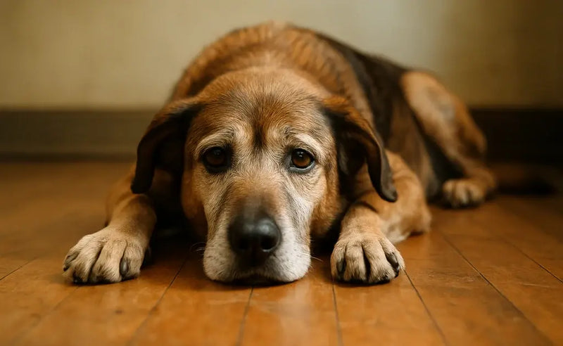 Senior dog lying on a cold hard floor in autumn light, a common trigger for joint stiffness in dogs