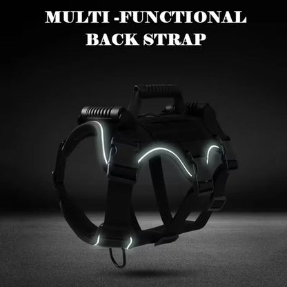 Black multi-functional back strap with reflective elements on a dark background