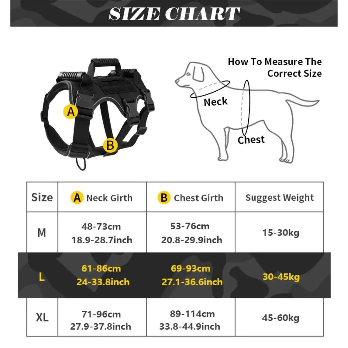 Dog harness size chart with measurement guide