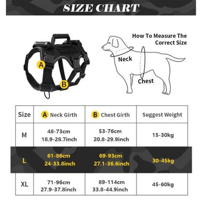 Dog harness size chart with measurement guide