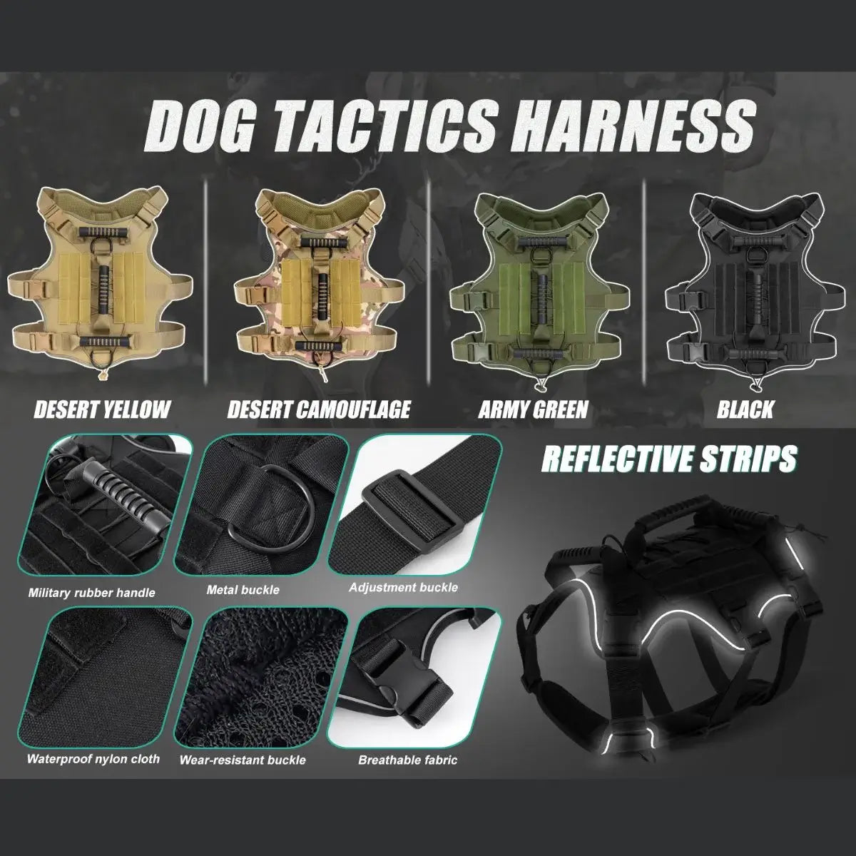 Dog tactics harnesses in various colors with reflective strips and hardware details on a dark background.