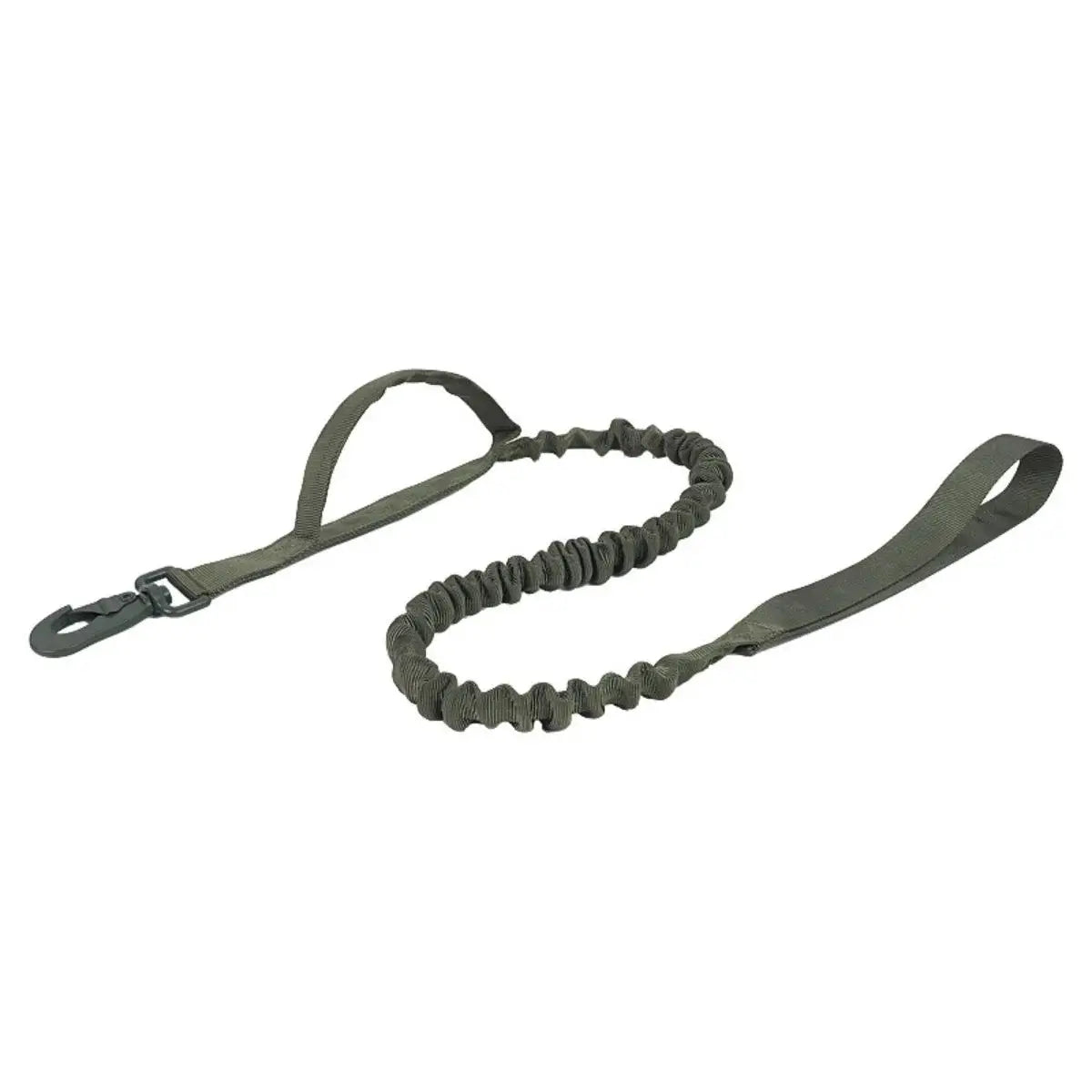 Black dog leash with a metal clip on a white background