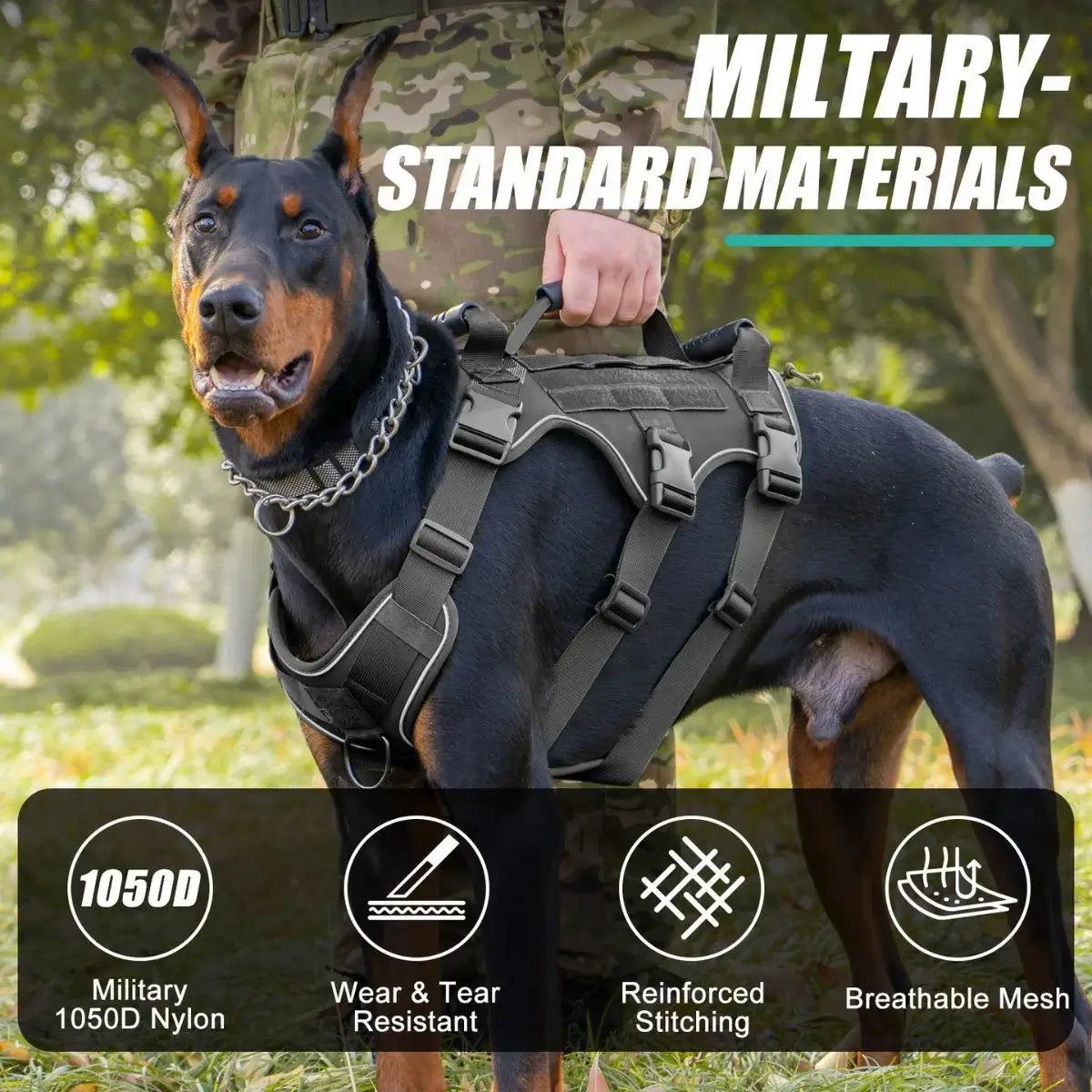 Dog wearing a military-style harness with text highlighting material and feature benefits.
