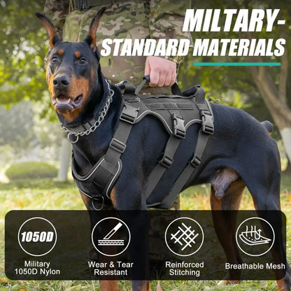 Dog wearing a military-style harness with text highlighting material and feature benefits.