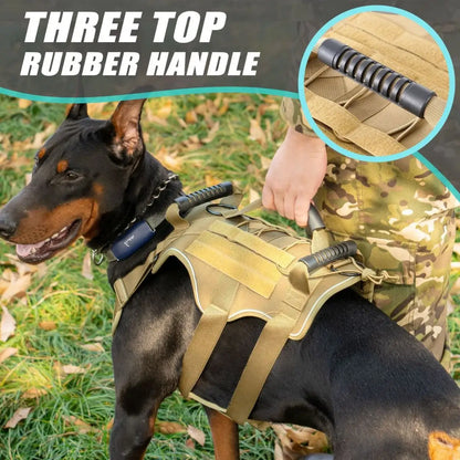 Dog wearing a tactical harness with a close-up of the rubber handle, set against a natural background.