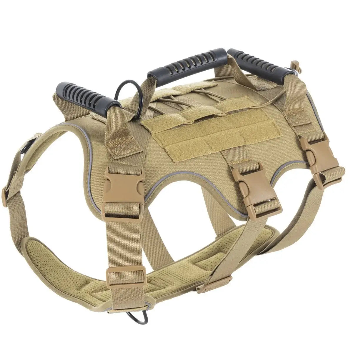 Tan tactical dog harness on a white background