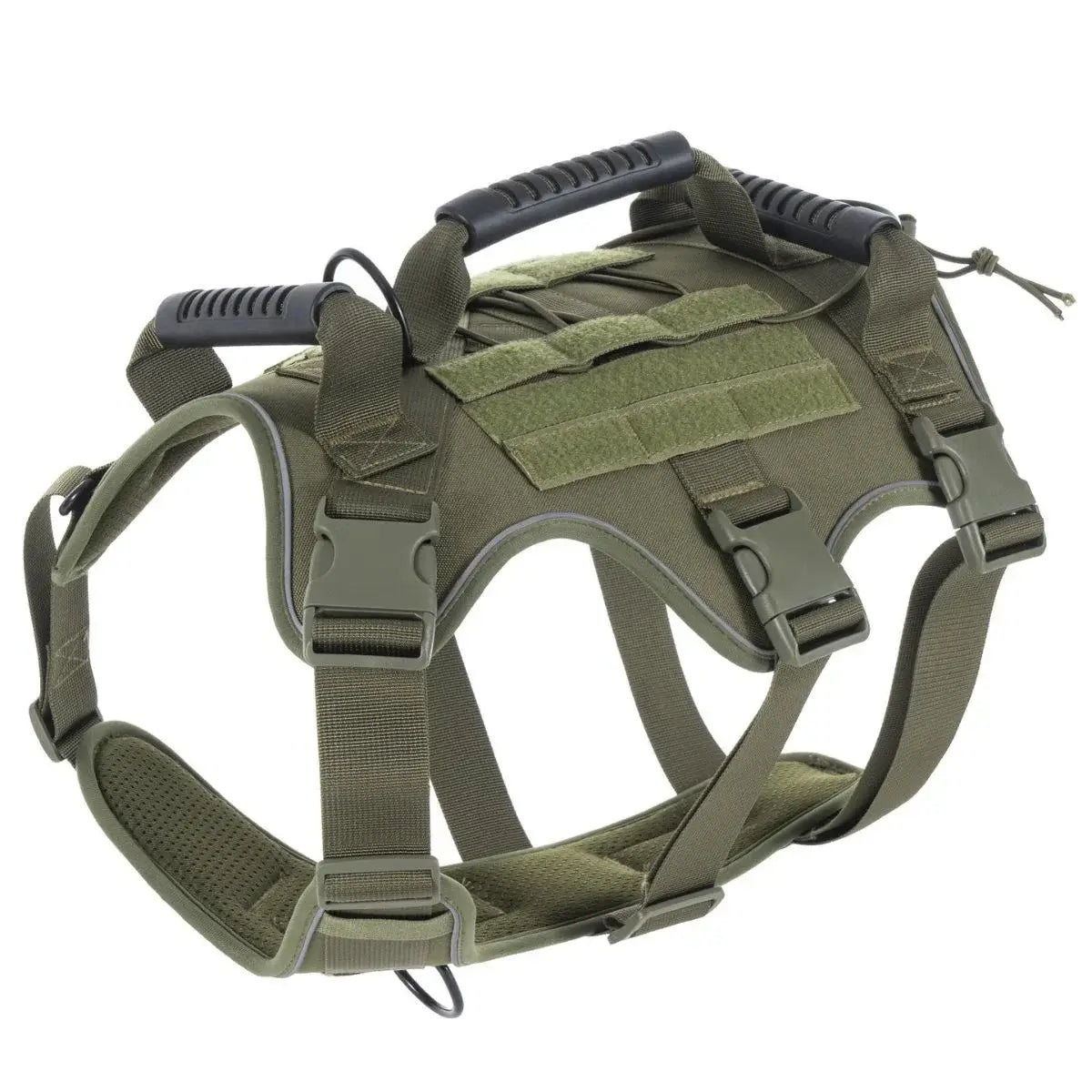 Green tactical dog harness on a white background