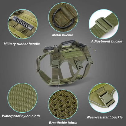 Green tactical dog harness with close-up details on a gray background