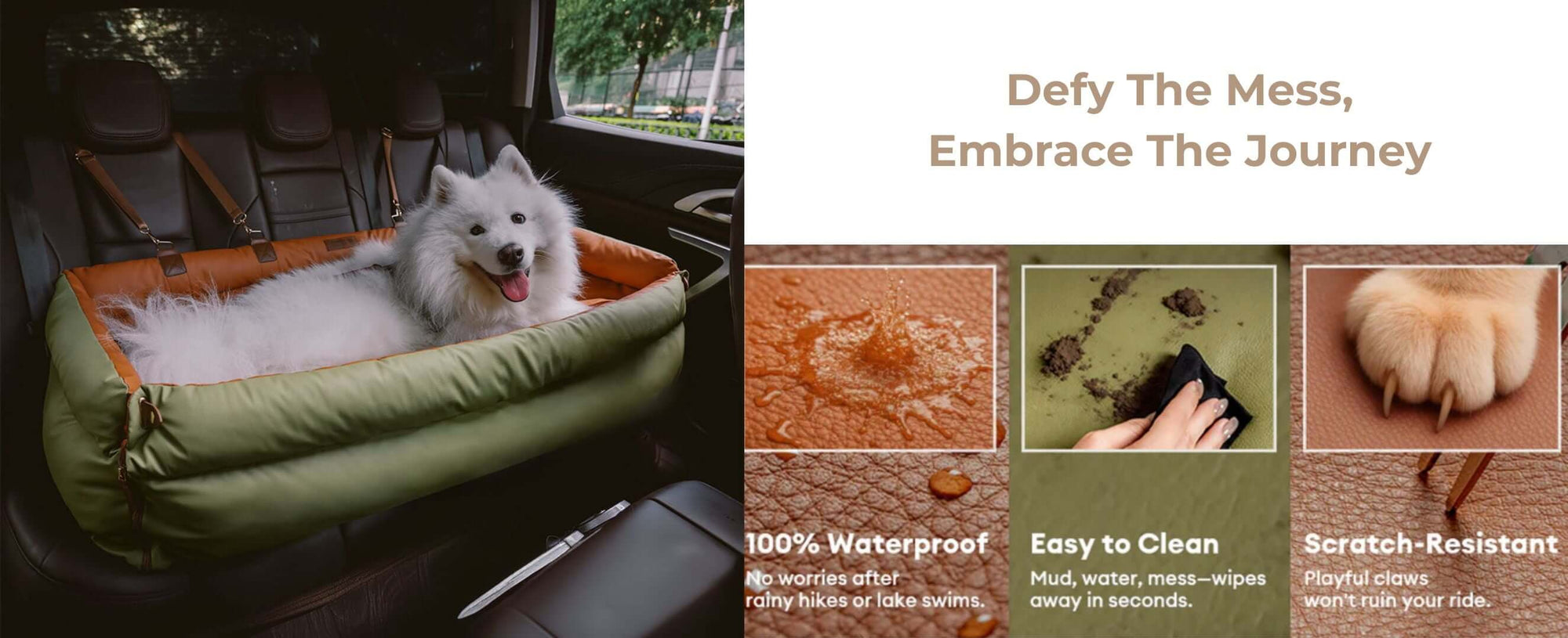 Dog bed in a vehicle with a dog inside, accompanied by promotional text and images of mud, water, and a paw.
