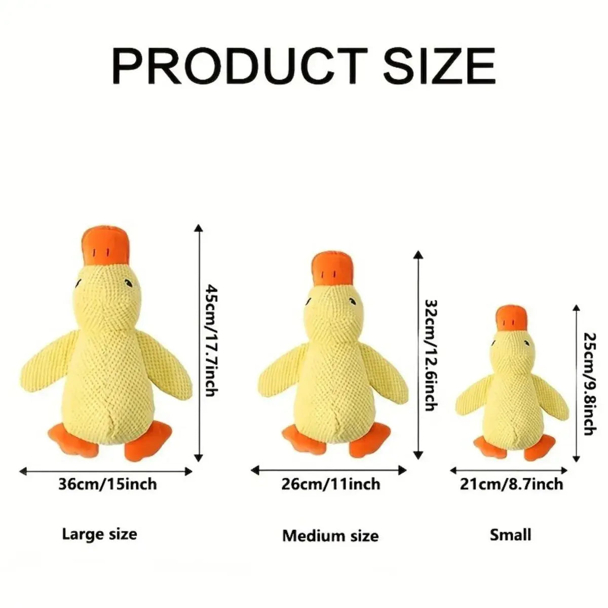 Plush duck toy with size chart indicating large, medium, and small dimensions on a white background.