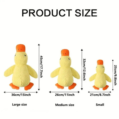 Plush duck toy with size chart indicating large, medium, and small dimensions on a white background.