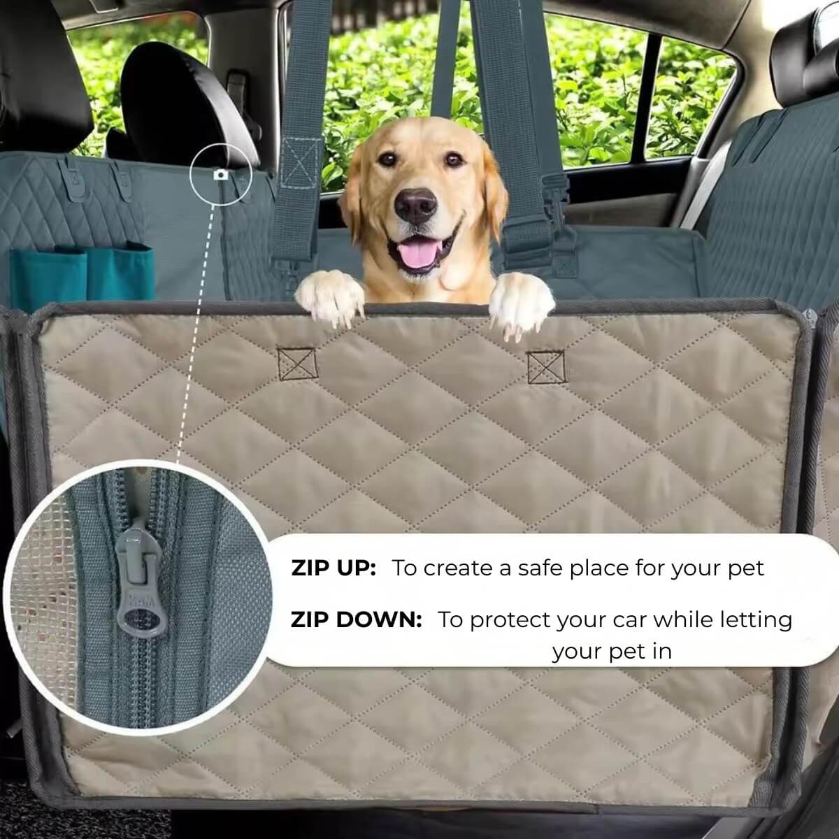 Dog peeking over a car seat cover with a close-up of a zipper detail.