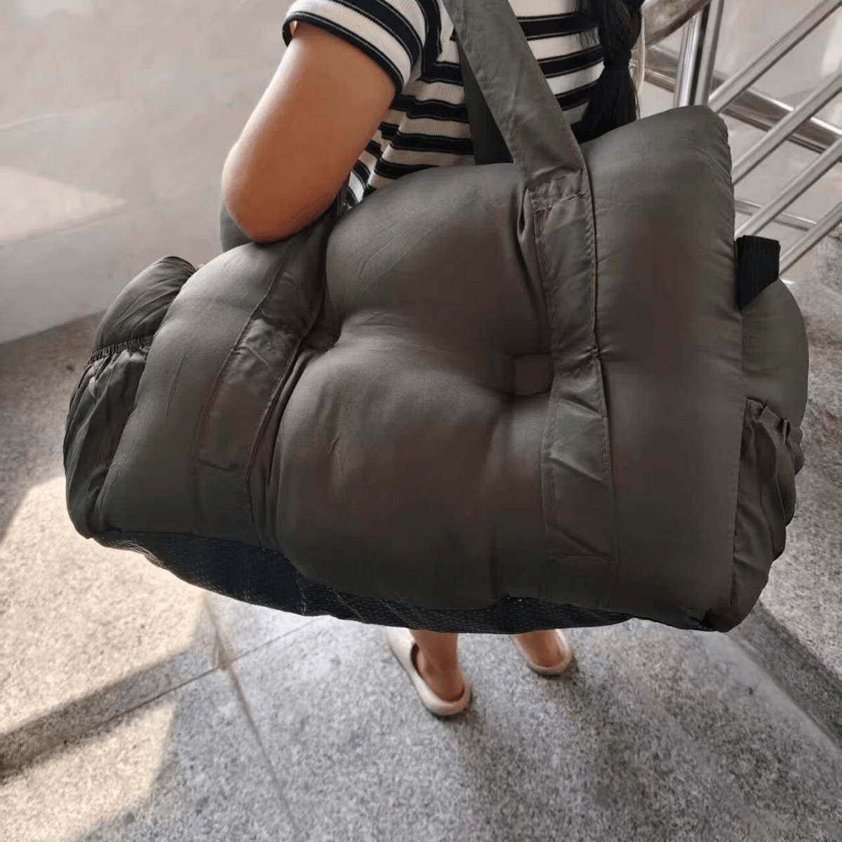 carrying green dog bed