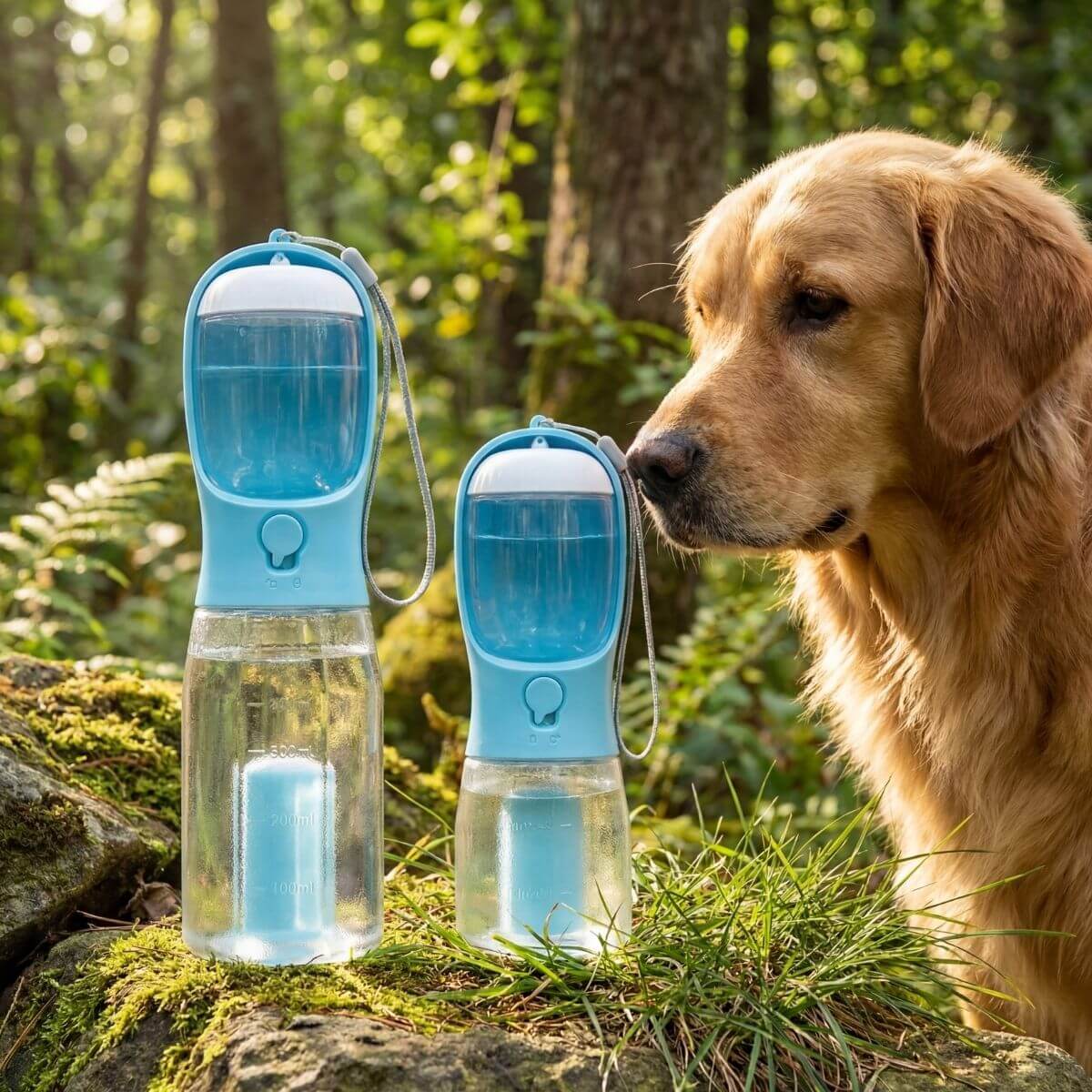 Dog next to two portable water bottles in a forest setting