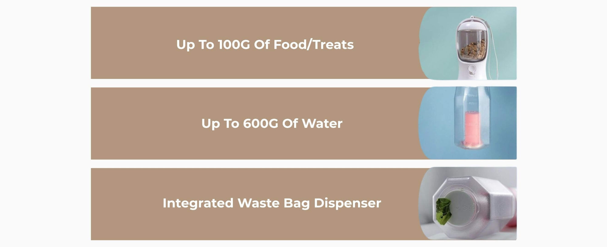 Dog food and water dispenser with features highlighted on a beige background
