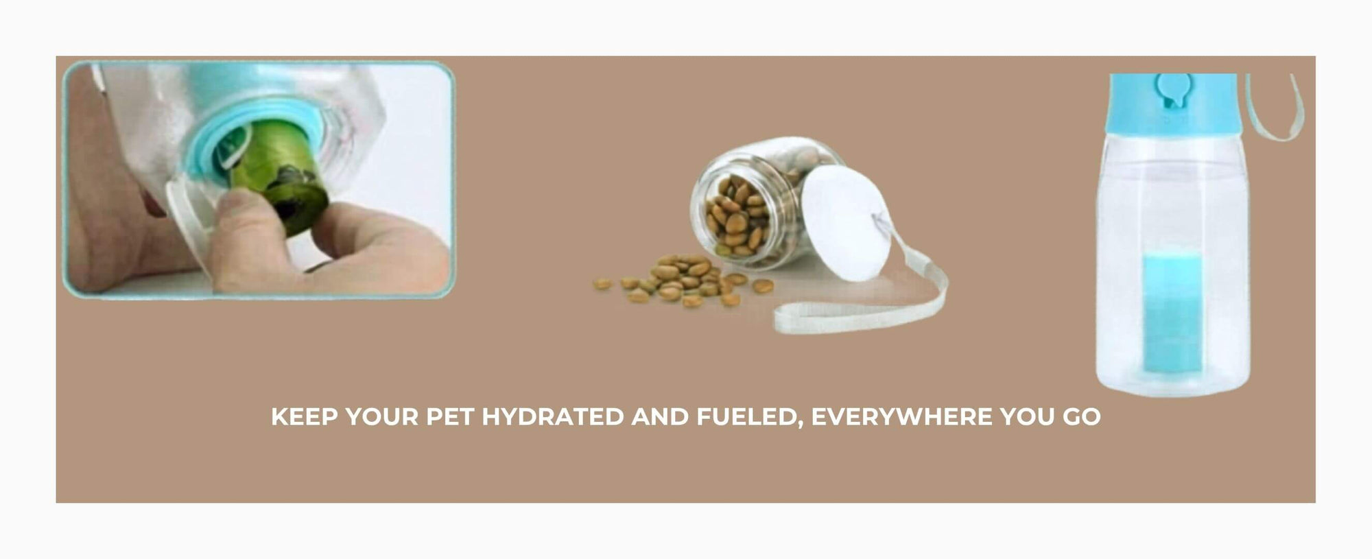 Pet water bottle and food container with text on a brown background