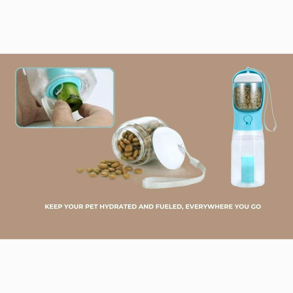 Pet water bottle with food dispenser on a beige background